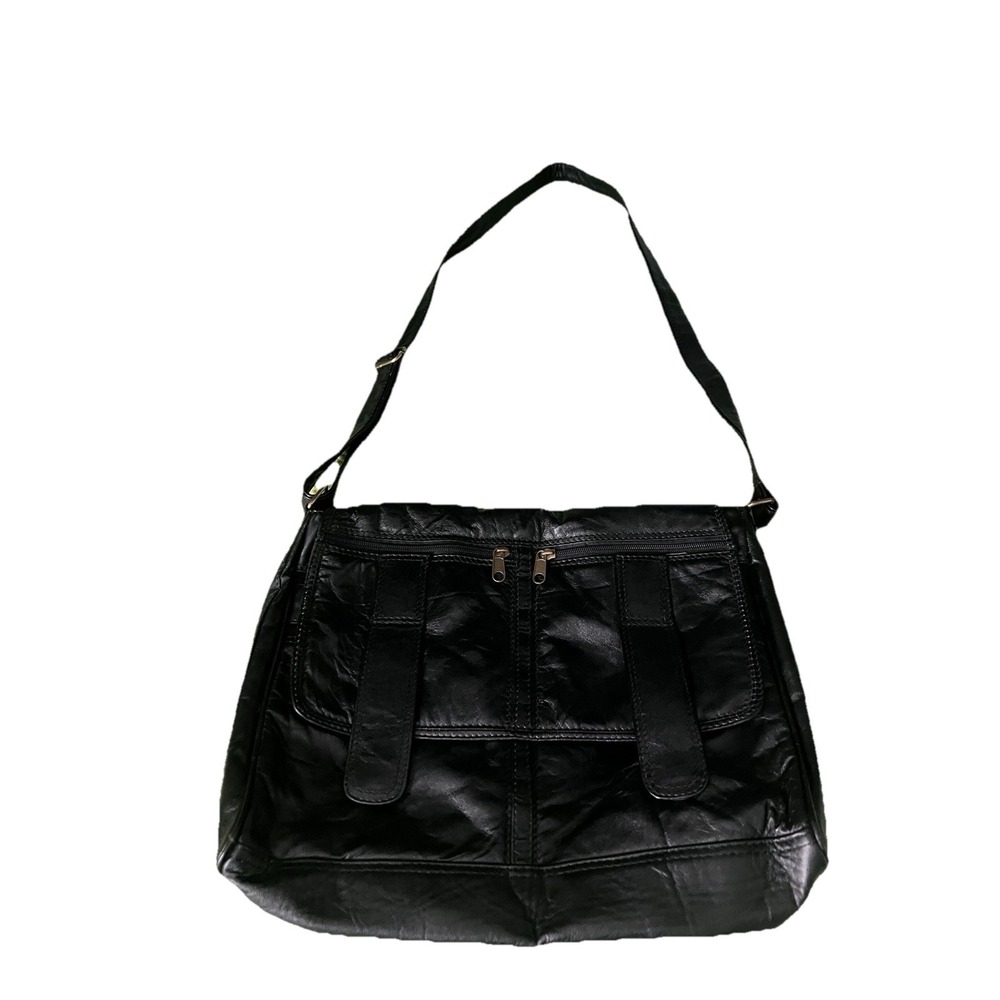 Vegan Leather Handmade Adjustable Crossbody Messenger Black w/ Contrast Stiching